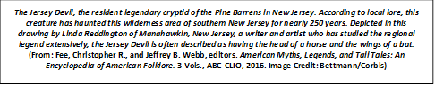 The Jersey Devil, the resident legendary cryptid of the Pine Barrens in New Jersey. According to local lore, this creature has haunted this wilderness area of southern New Jersey for nearly 250 years. Depicted in this drawing by Linda Reddington of Manahawkin, New Jersey, a writer and artist who has studied the regional legend extensively, the Jersey Devil is often described as having the head of a horse and the wings of a bat. (From: Fee, Christopher R., and Jeffrey B. Webb, editors. American Myths, Legends, and Tall Tales: An Encyclopedia of American Folklore. 3 Vols., ABC-CLIO, 2016. Image Credit: Bettmann/Corbis)