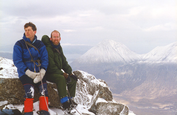 Nice view, eh? One of our party almost fell to an ignominious death, hence the ropes. Sanderson and Fee on Sgurr Bhasteir, in the Black Cuillin, Isle of Skye, Scotland. Saturday, April 13, 1996. Photo: A. Singley.